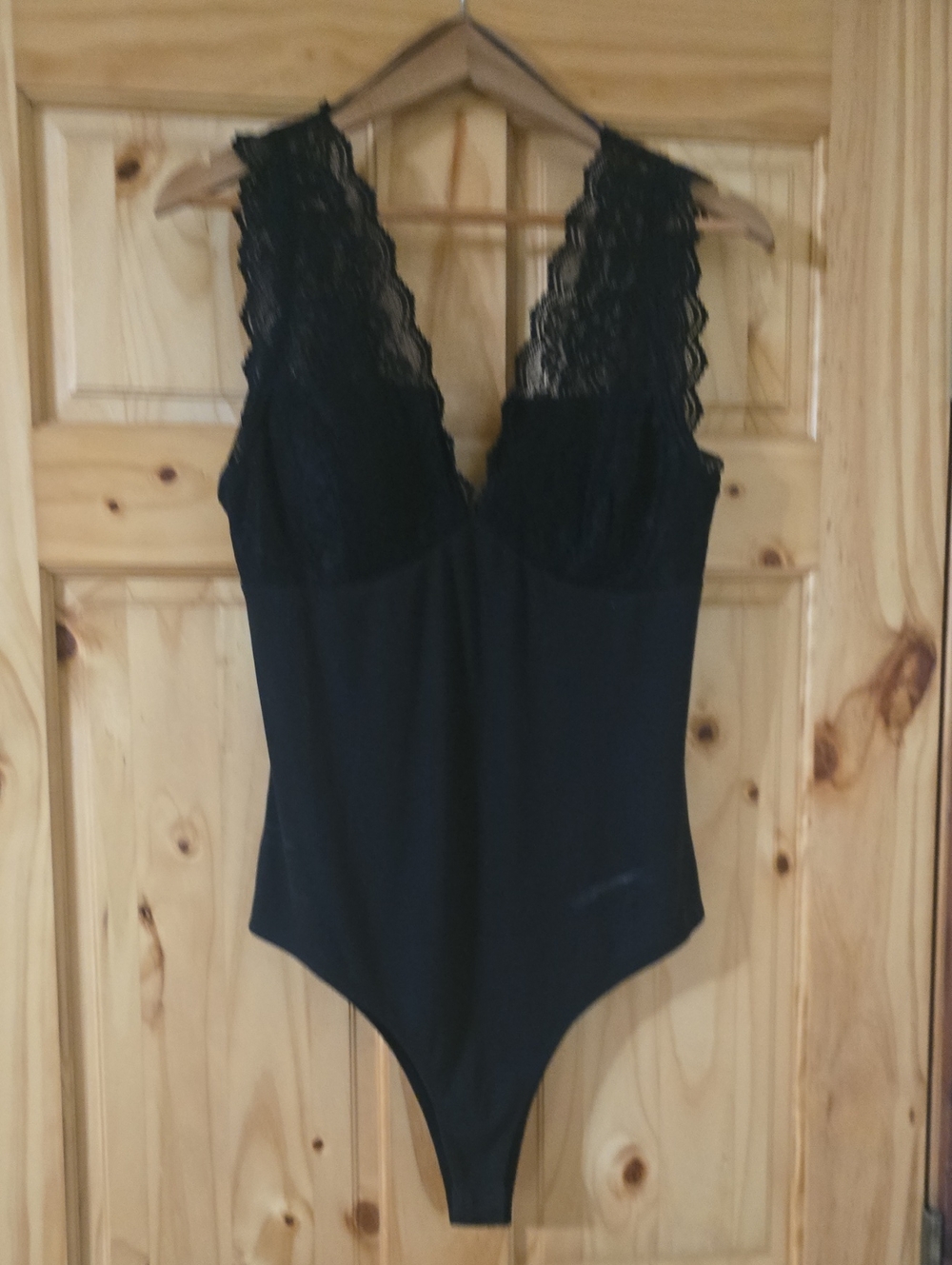 Lace-Trim Black Bodysuit with Deep V
